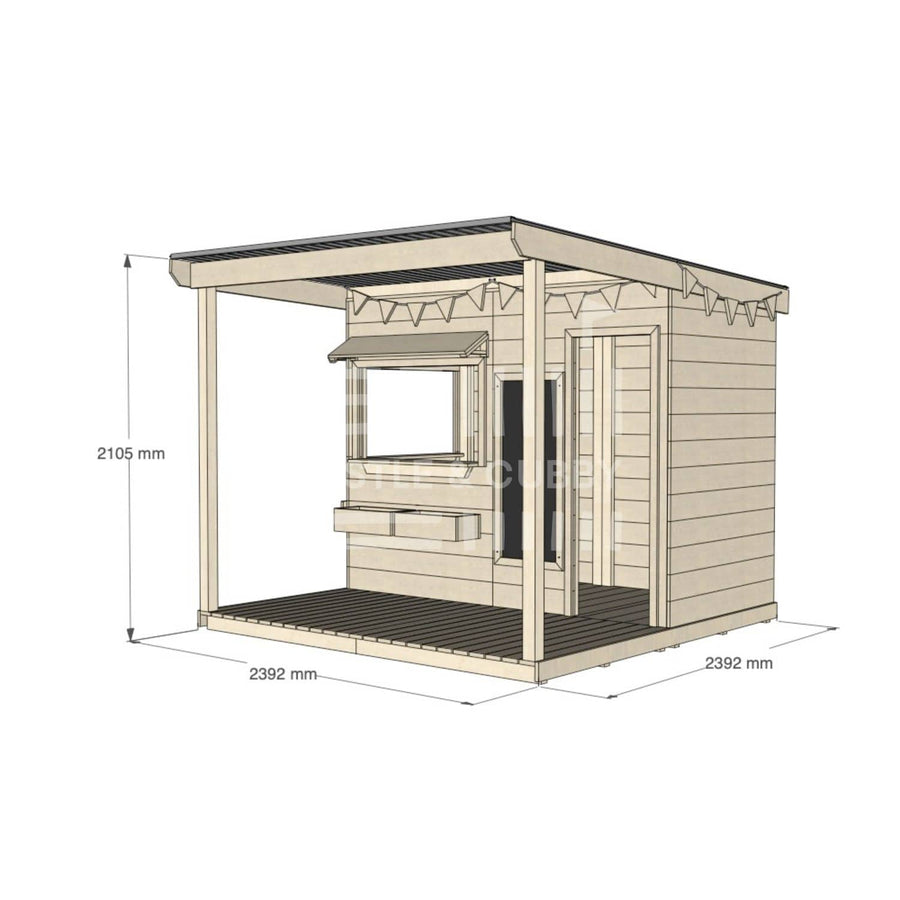 A commercial grade extended height pine midi rectangle cubby house with front verandah and accessories package