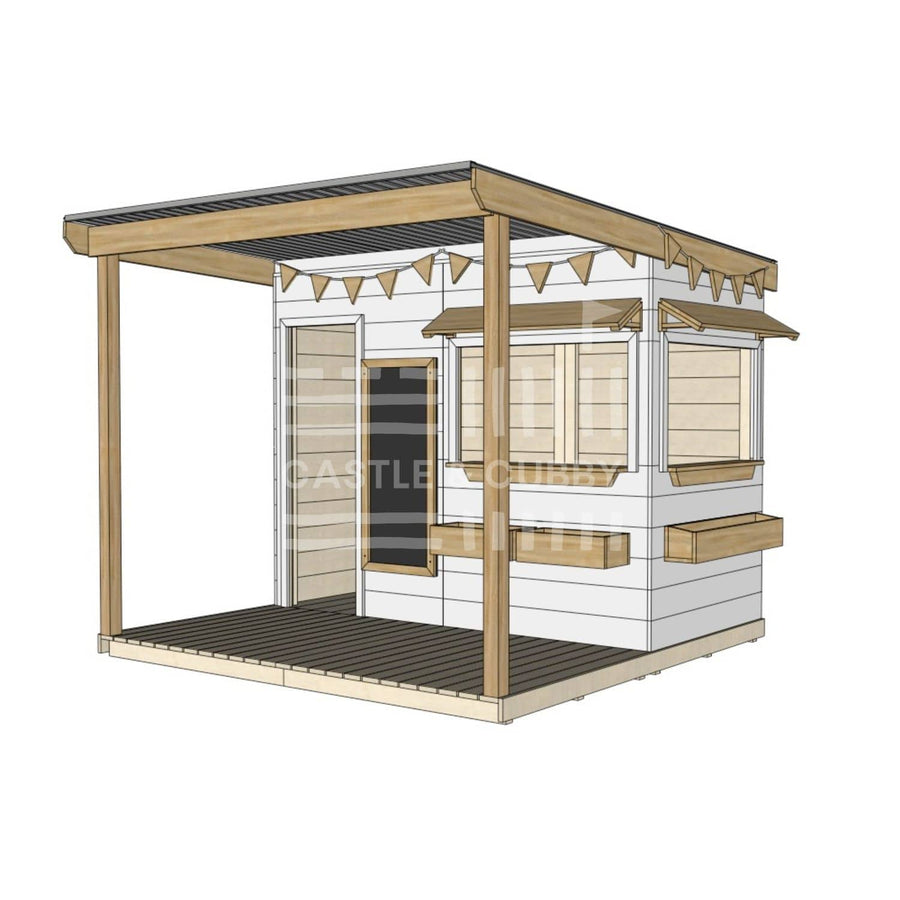 A commercial grade extended height painted wooden midi rectangle cubby house with front verandah and accessories