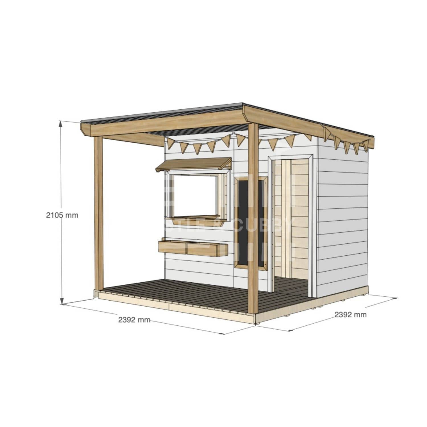 A commercial grade extended height painted pine midi rectangle cubby house with front verandah and accessories package
