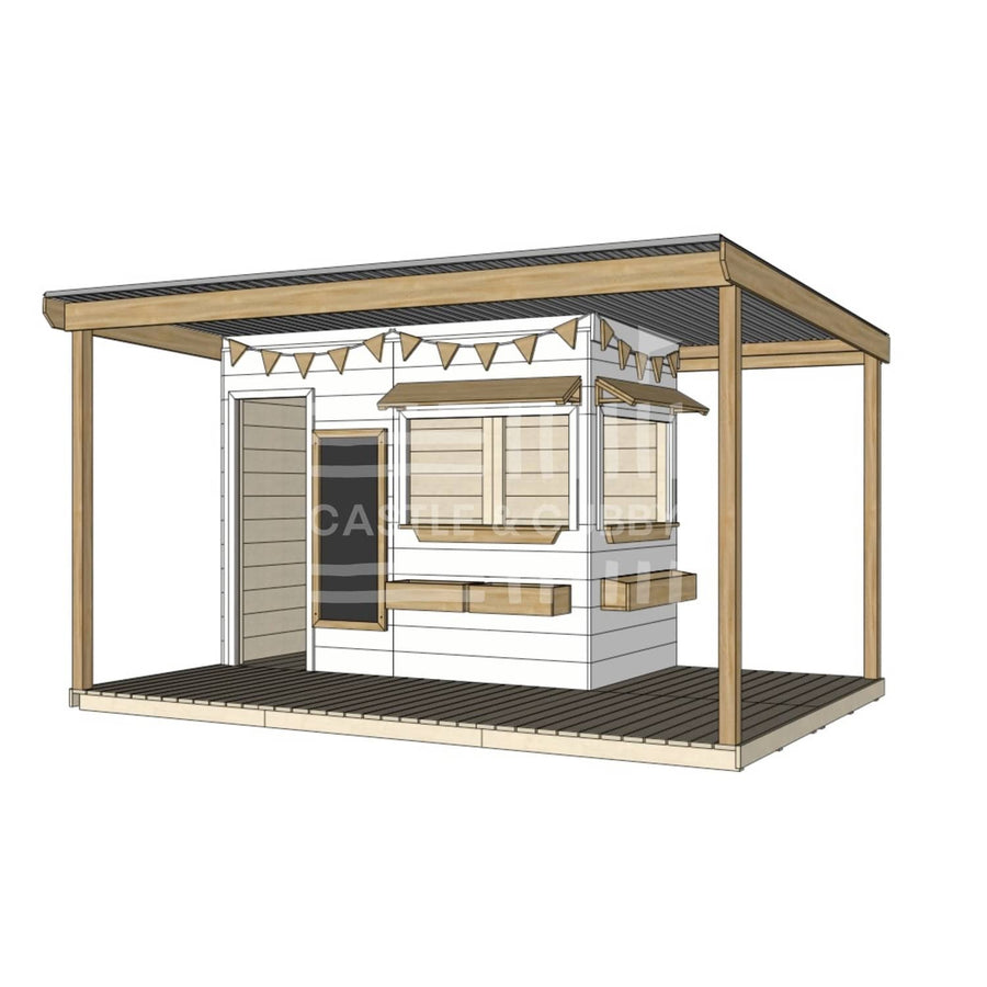 Commercial grade extended height painted midi rectangle wooden cubby house with wraparound verandah and accessories
