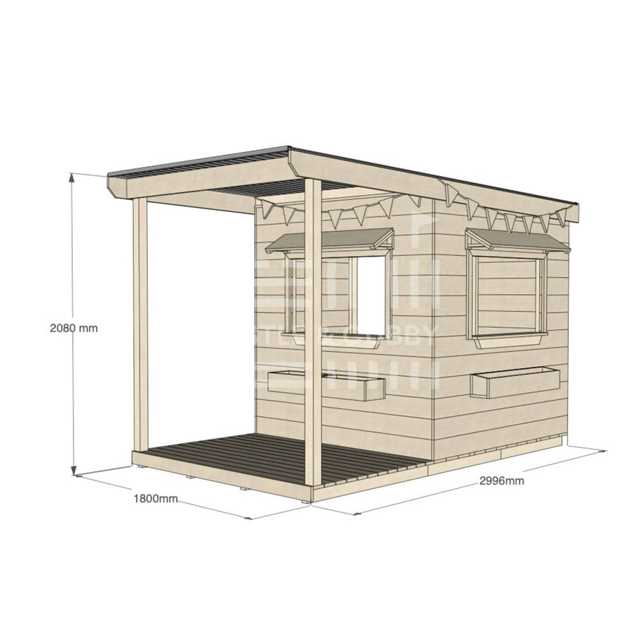 A commercial grade extended height pine midi square cubby house with front verandah, accessories and dimensions
