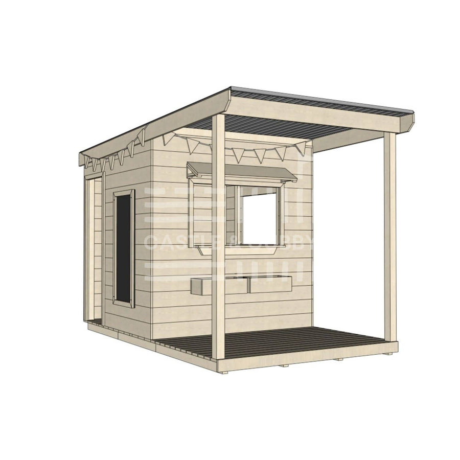 A commercial grade extended height wooden midi square cubby house with front verandah and accessories