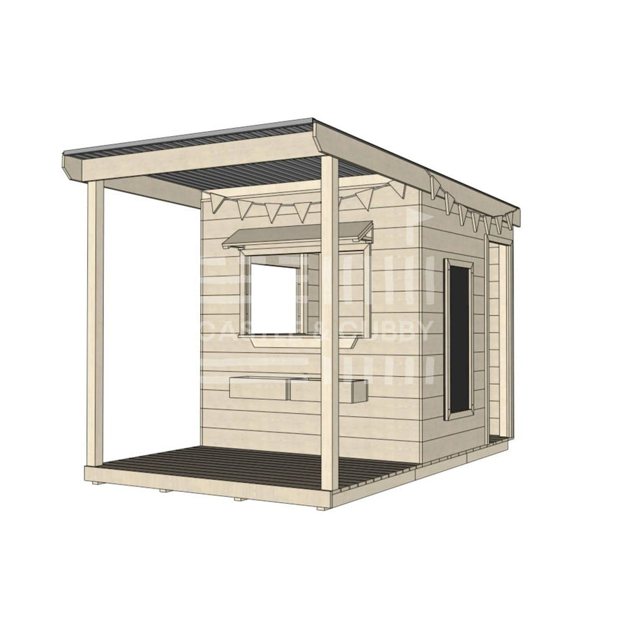A commercial grade extended height pine midi square cubby house with front verandah and accessories package