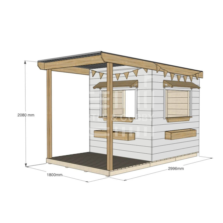 A commercial grade extended height painted pine midi square cubby house with front verandah, accessories and dimensions