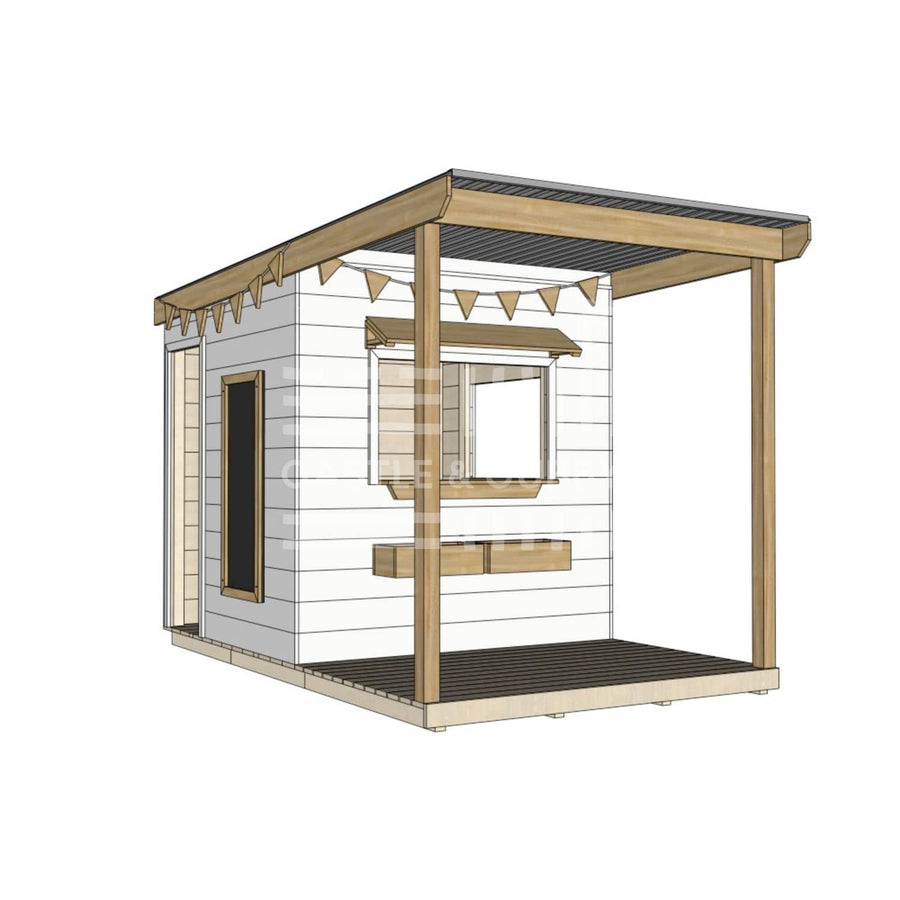 A commercial grade extended height painted wooden midi square cubby house with front verandah and accessories