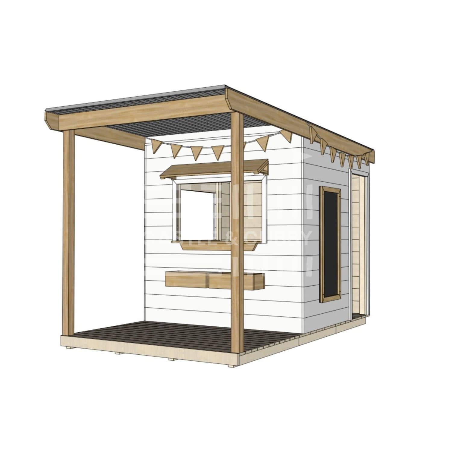 A commercial grade extended height painted pine midi square cubby house with front verandah and accessories package