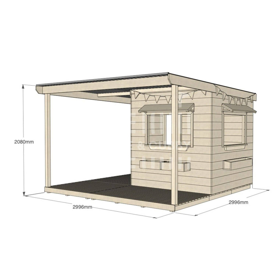 Commercial grade extended height midi square pine timber cubby house with wraparound verandah, accessories and dimensions