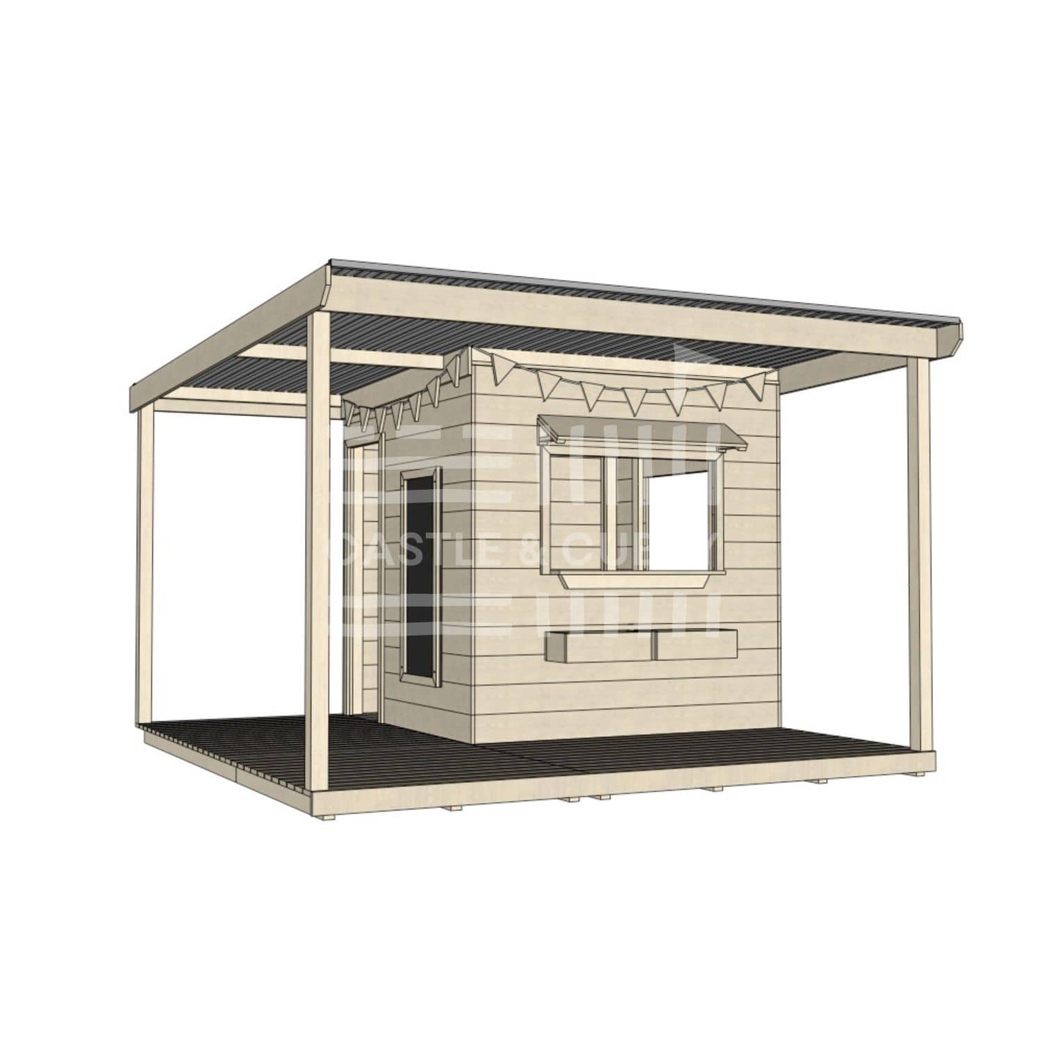 Commercial grade extended height midi square wooden cubby house with wraparound verandah and accessories