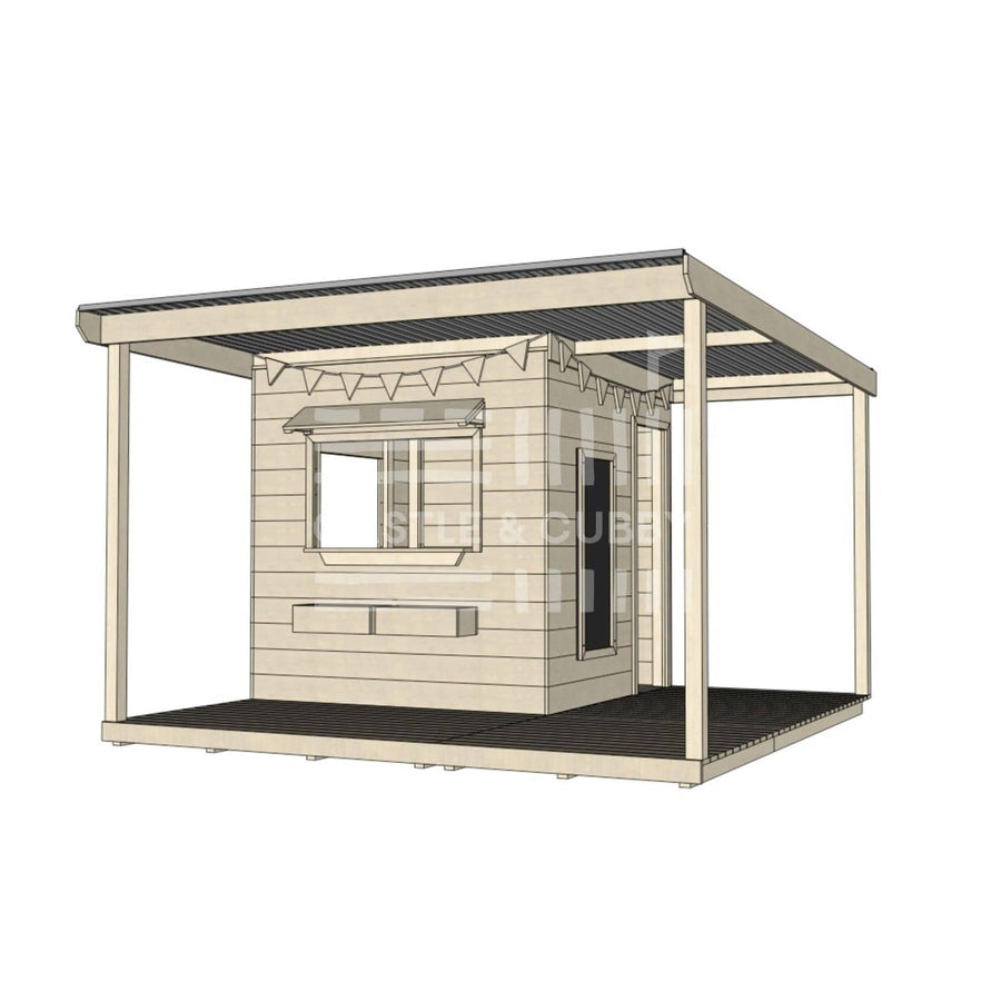 Commercial grade extended height midi square timber cubby house with wraparound verandah and accessories