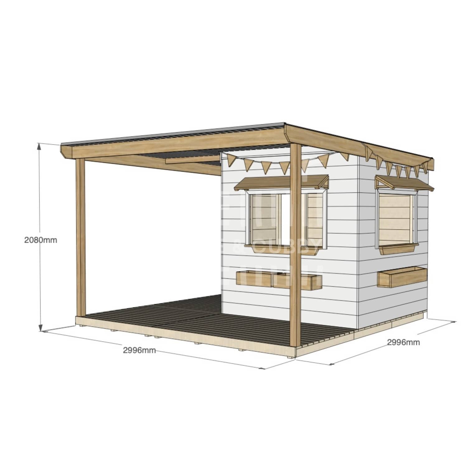 Commercial grade extended height painted midi square pine timber cubby house with wraparound verandah, accessories and dimensions