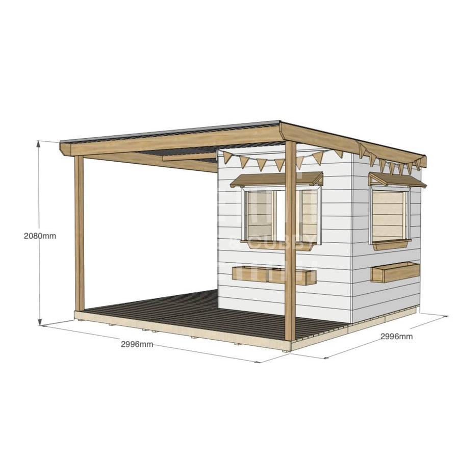 Commercial grade extended height painted midi square pine timber cubby house with wraparound verandah, accessories and dimensions