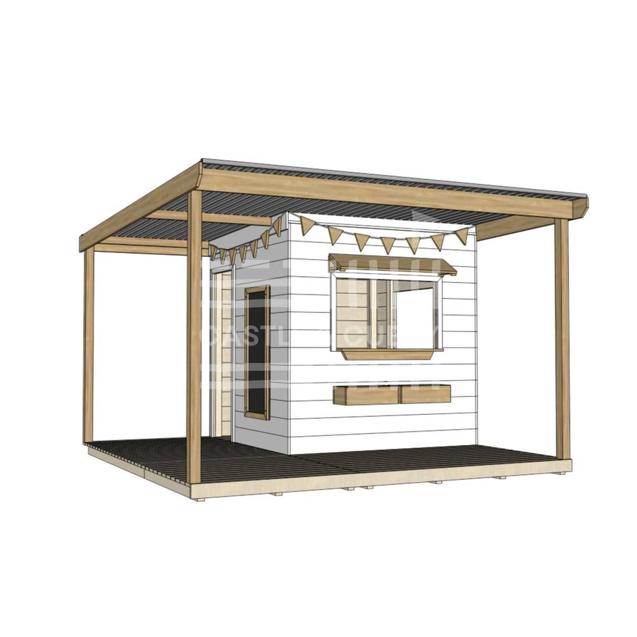 Commercial grade extended height painted midi square wooden cubby house with wraparound verandah and accessories