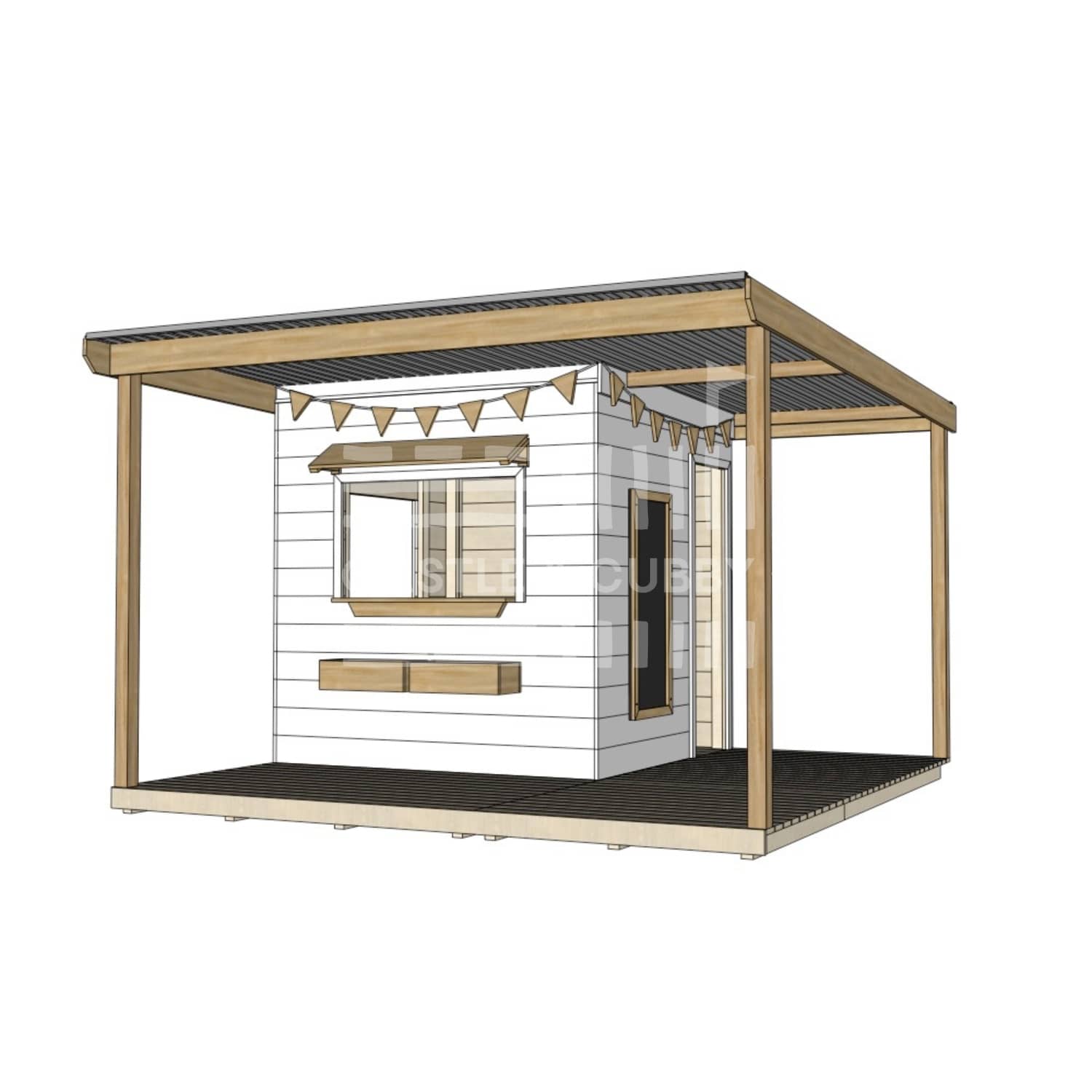 Commercial grade extended height painted midi square timber cubby house with wraparound verandah and accessories