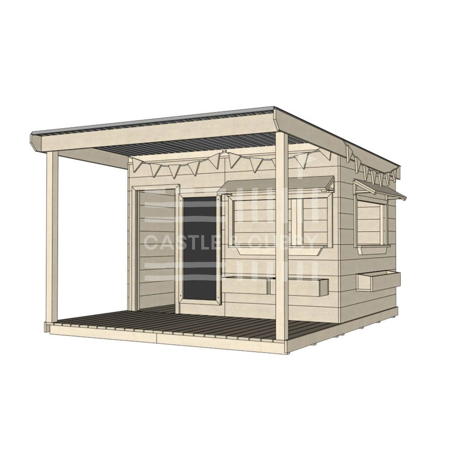 A commercial grade wooden large rectangle cubby house with front verandah and accessories