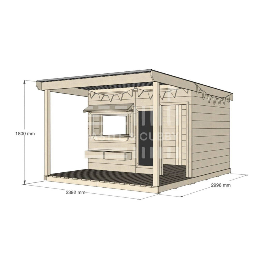 A commercial grade pine large rectangle cubby house with front verandah and accessories package