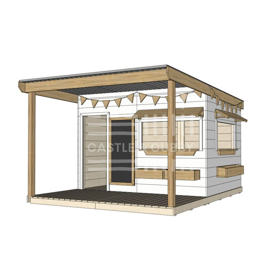 A commercial grade painted wooden large rectangle cubby house with front verandah and accessories