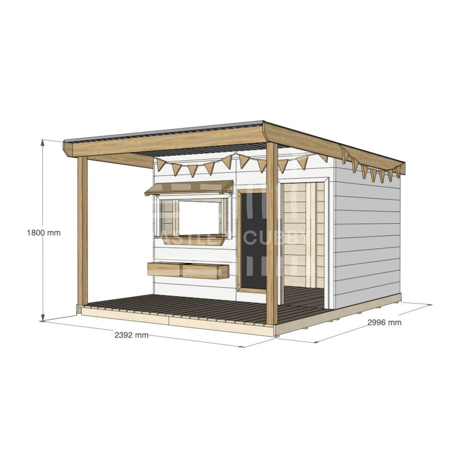 A commercial grade painted pine large rectangle cubby house with front verandah and accessories package