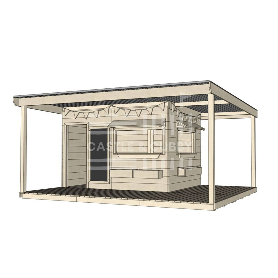 Commercial grade large square wooden cubby house with wraparound verandah and accessories
