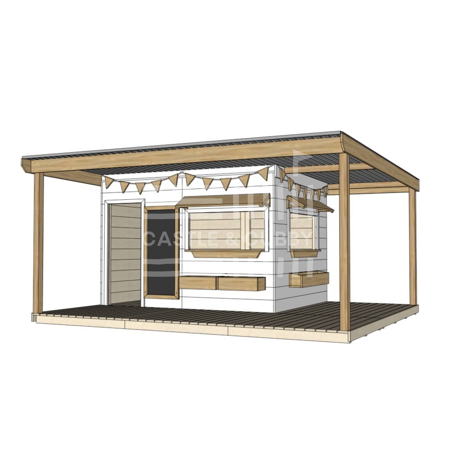 Commercial grade painted large square wooden cubby house with wraparound verandah and accessories