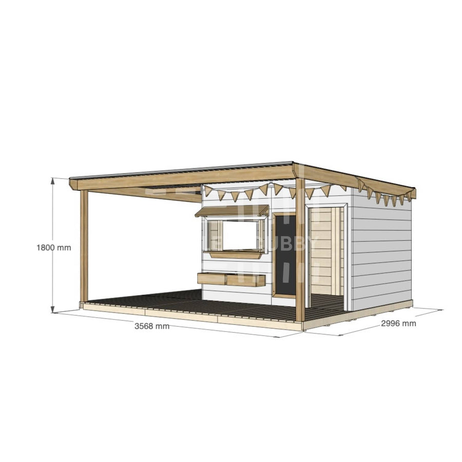 Commercial grade painted large square timber cubby house with wraparound verandah and accessories