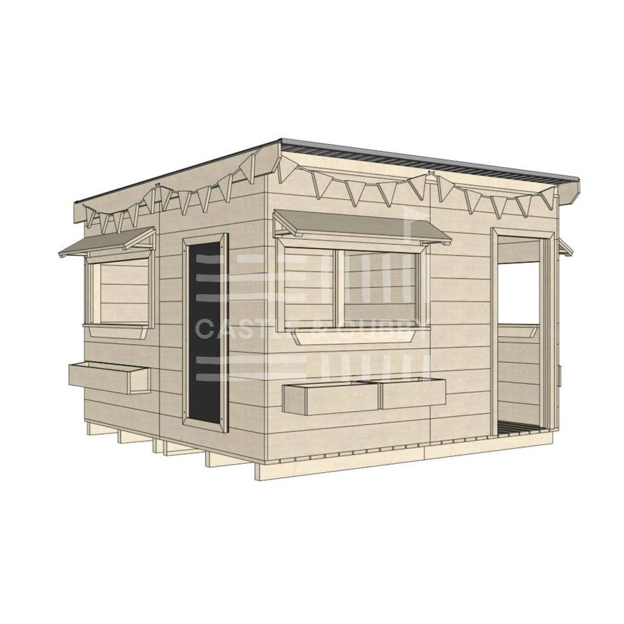Flat roof raw wooden cubby house commercial education large square dimensions