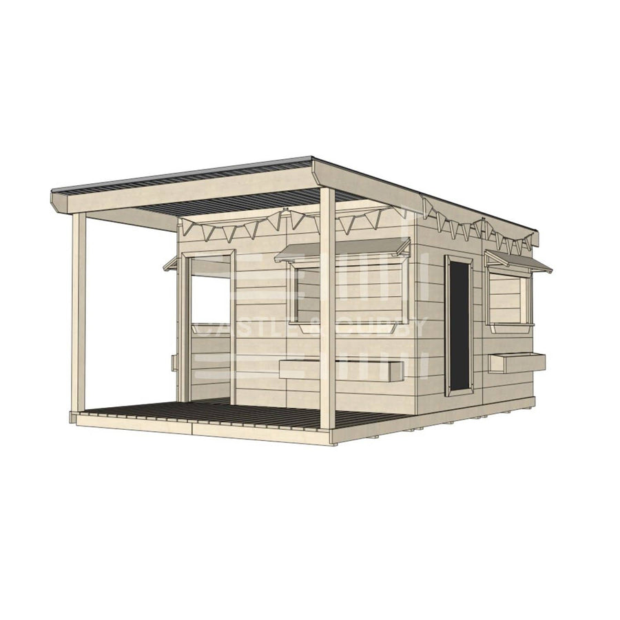 A commercial grade wooden large square cubby house with front verandah and accessories