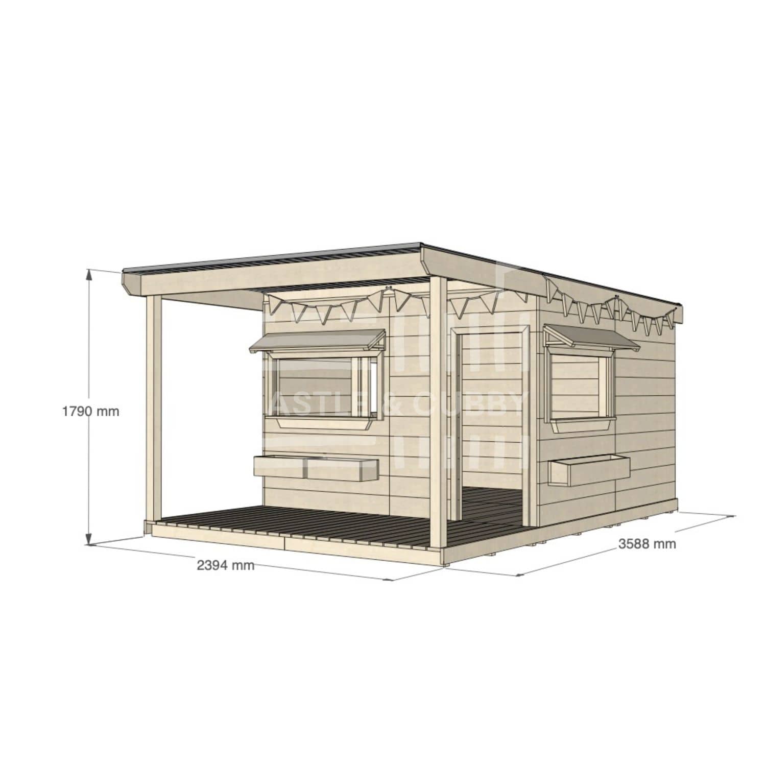 A commercial grade pine large square cubby house with front verandah and accessories package