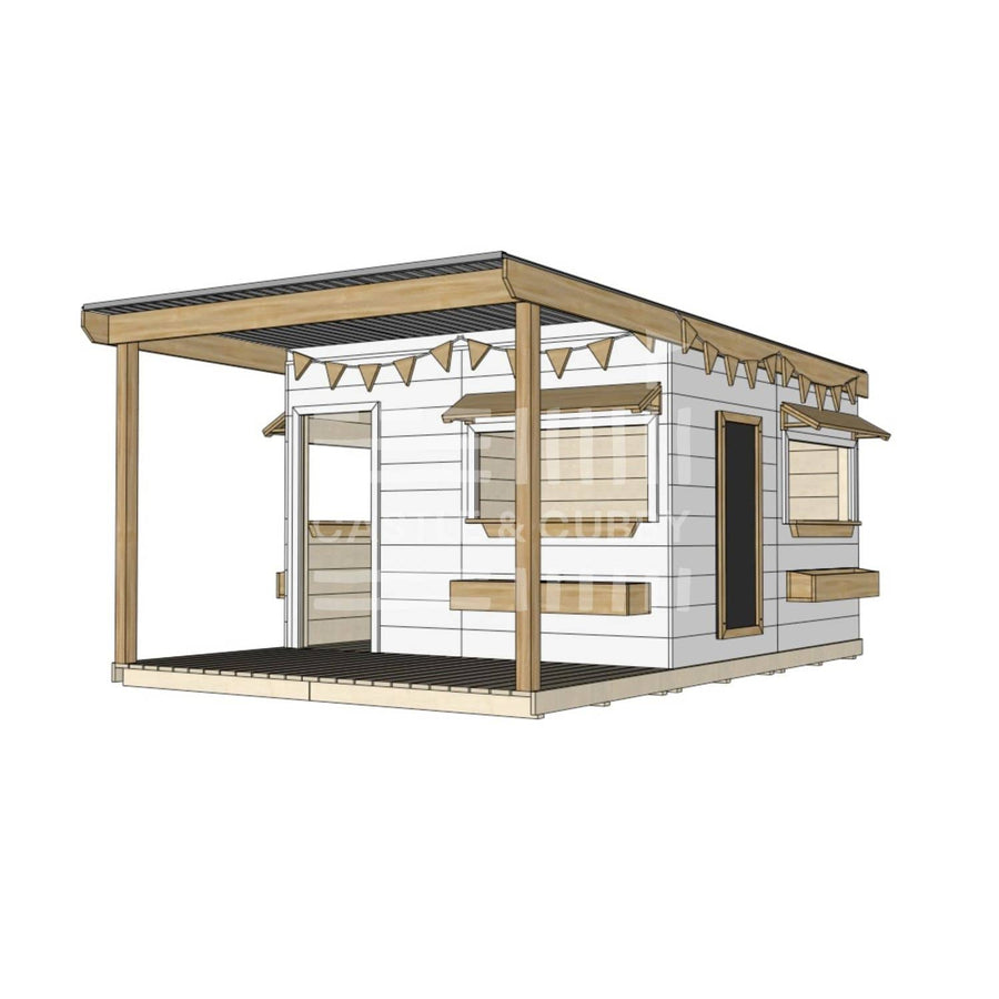 A commercial grade painted wooden large square cubby house with front verandah and accessories