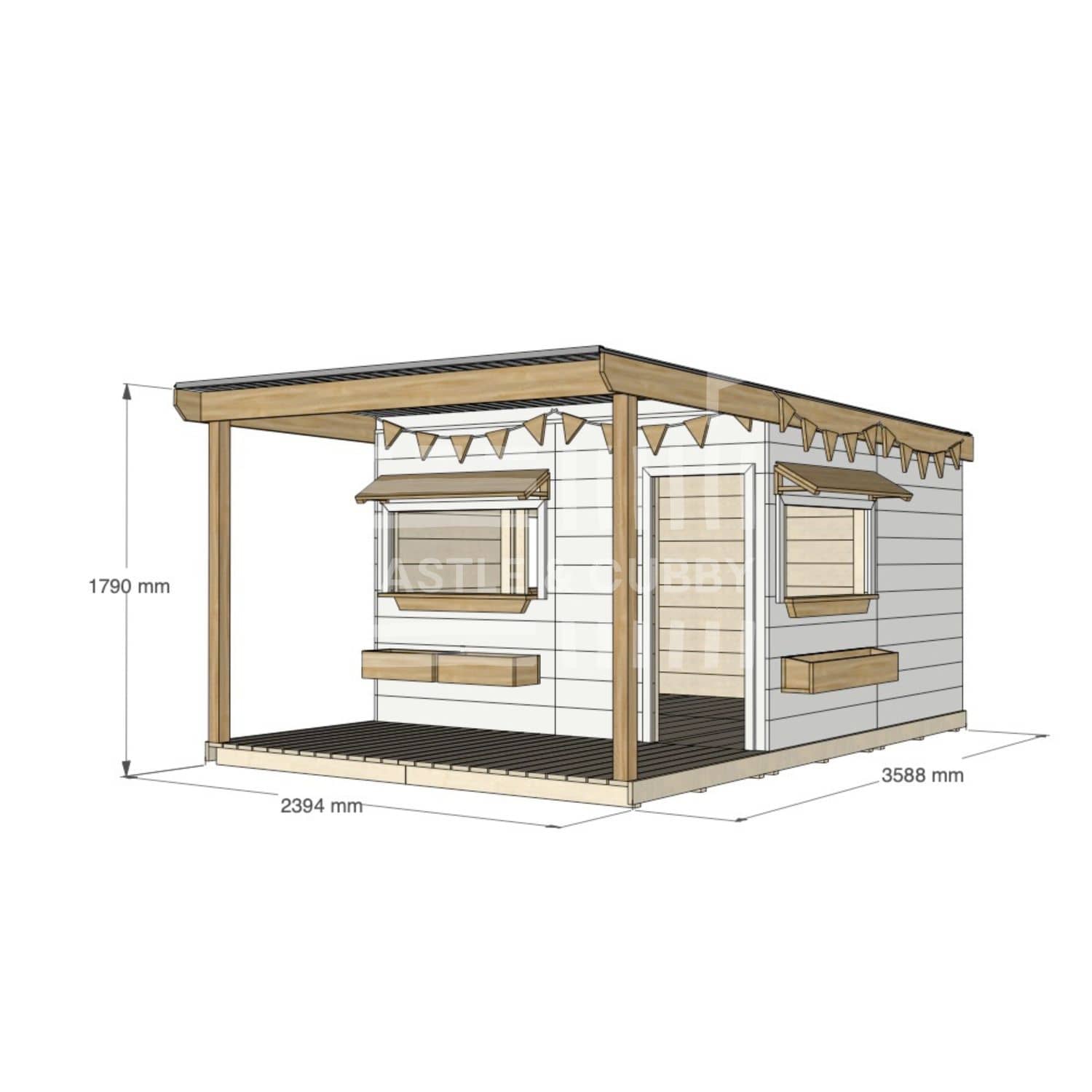 A commercial grade painted pine large square cubby house with front verandah and accessories package