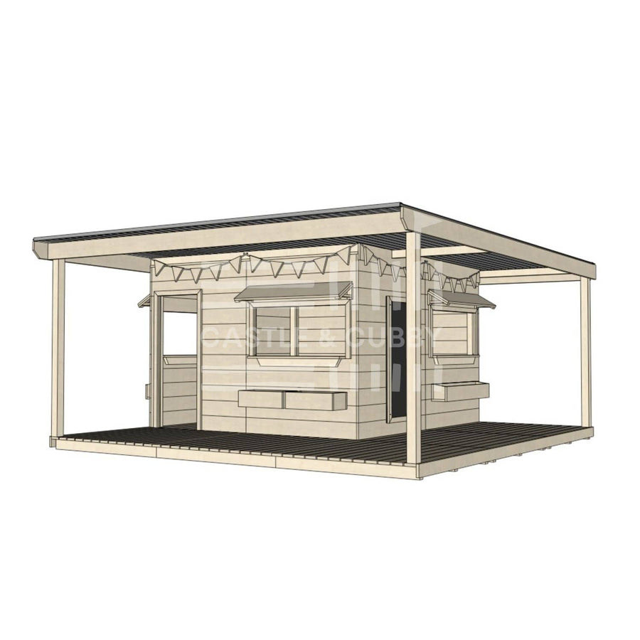 Commercial grade large square wooden cubby house with wraparound verandah and accessories