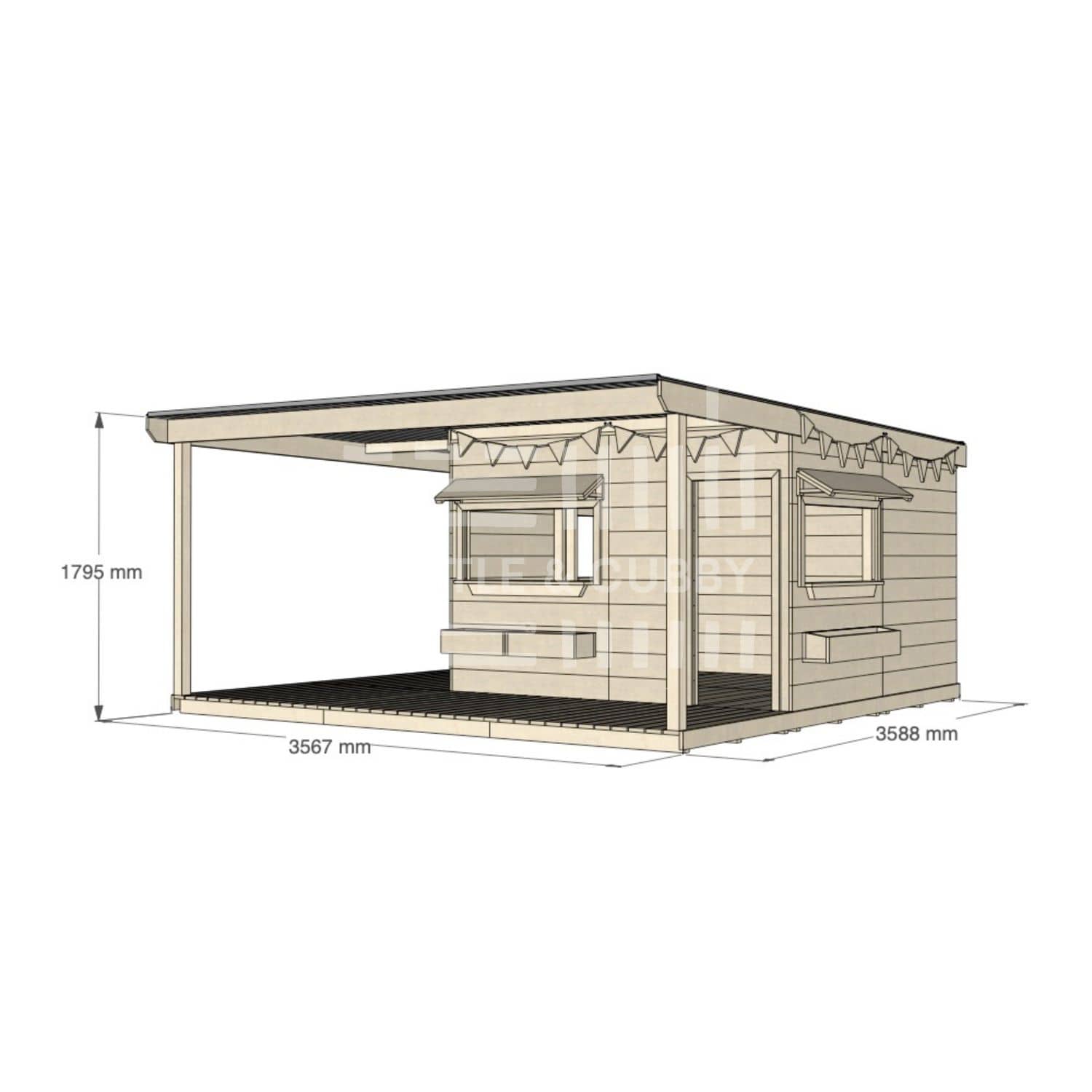 Commercial grade large square timber cubby house with wraparound verandah and accessories