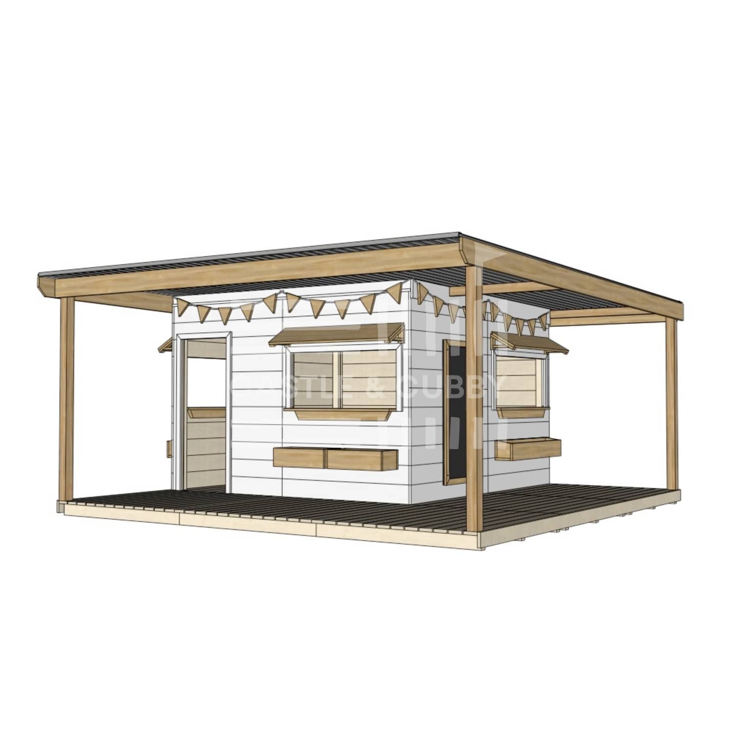 Commercial grade painted large square wooden cubby house with wraparound verandah and accessories