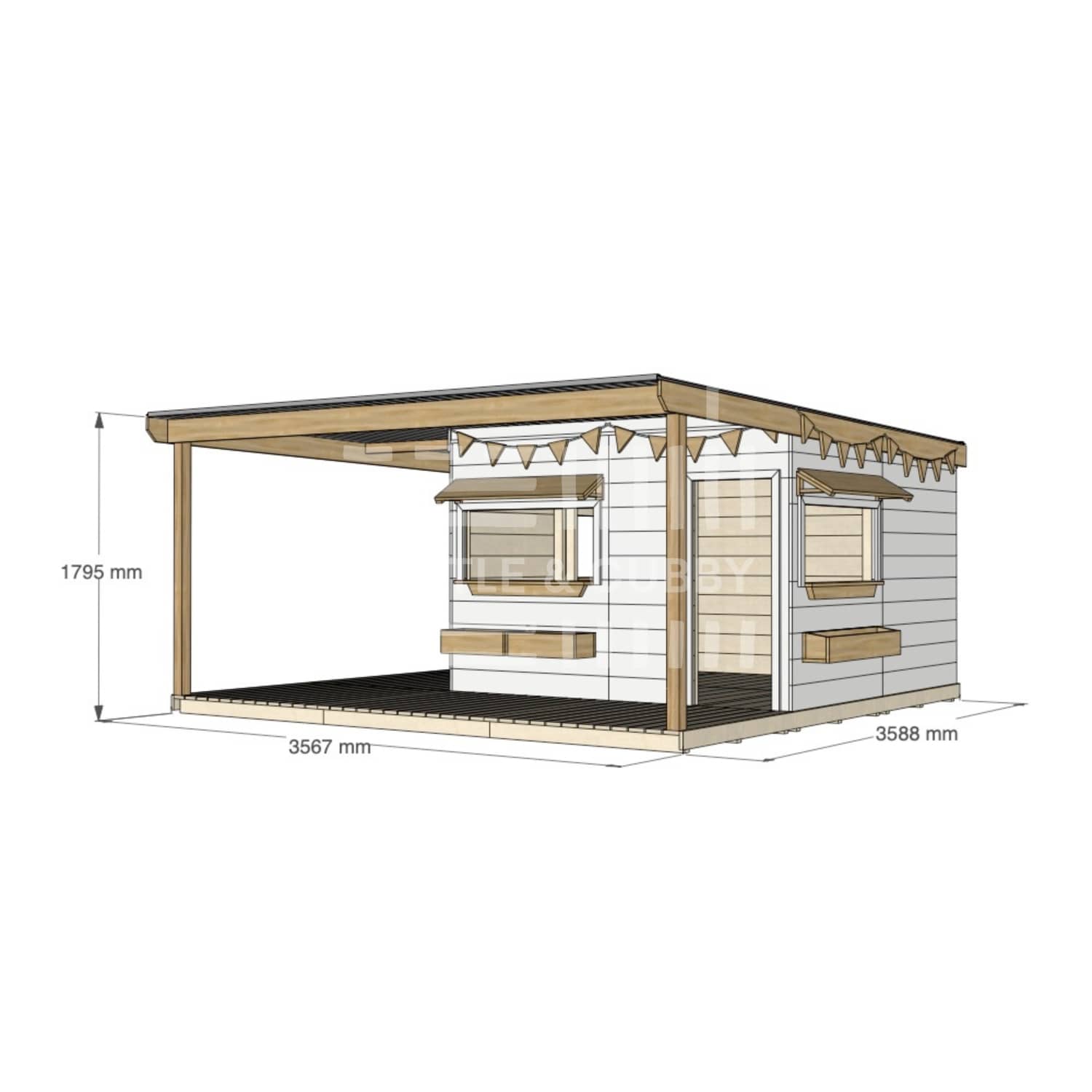 Commercial grade painted large square timber cubby house with wraparound verandah and accessories