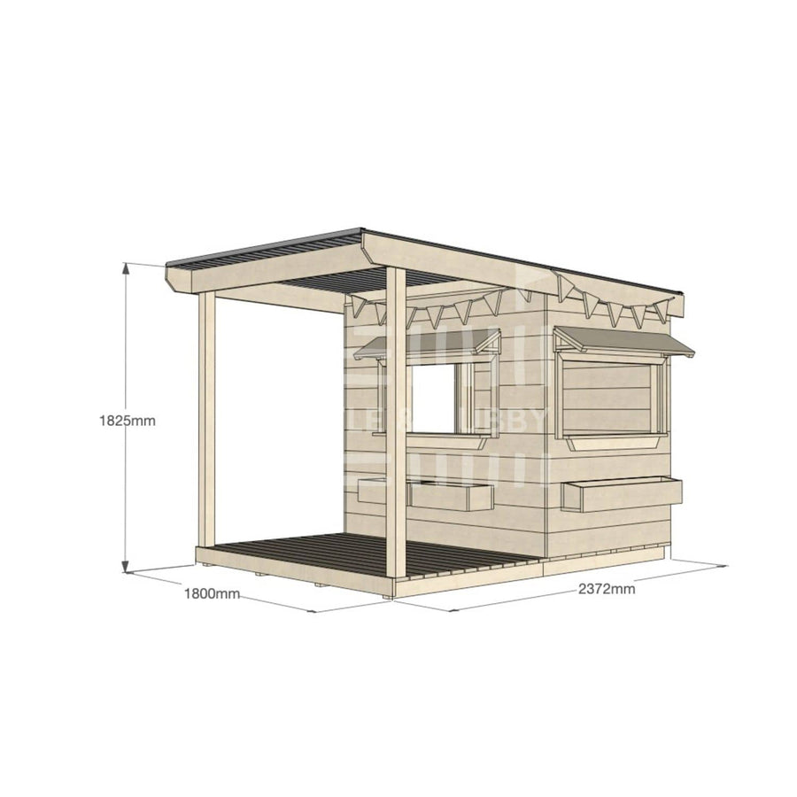 A commercial grade pine little rectangle cubby house with front verandah, accessories and dimensions
