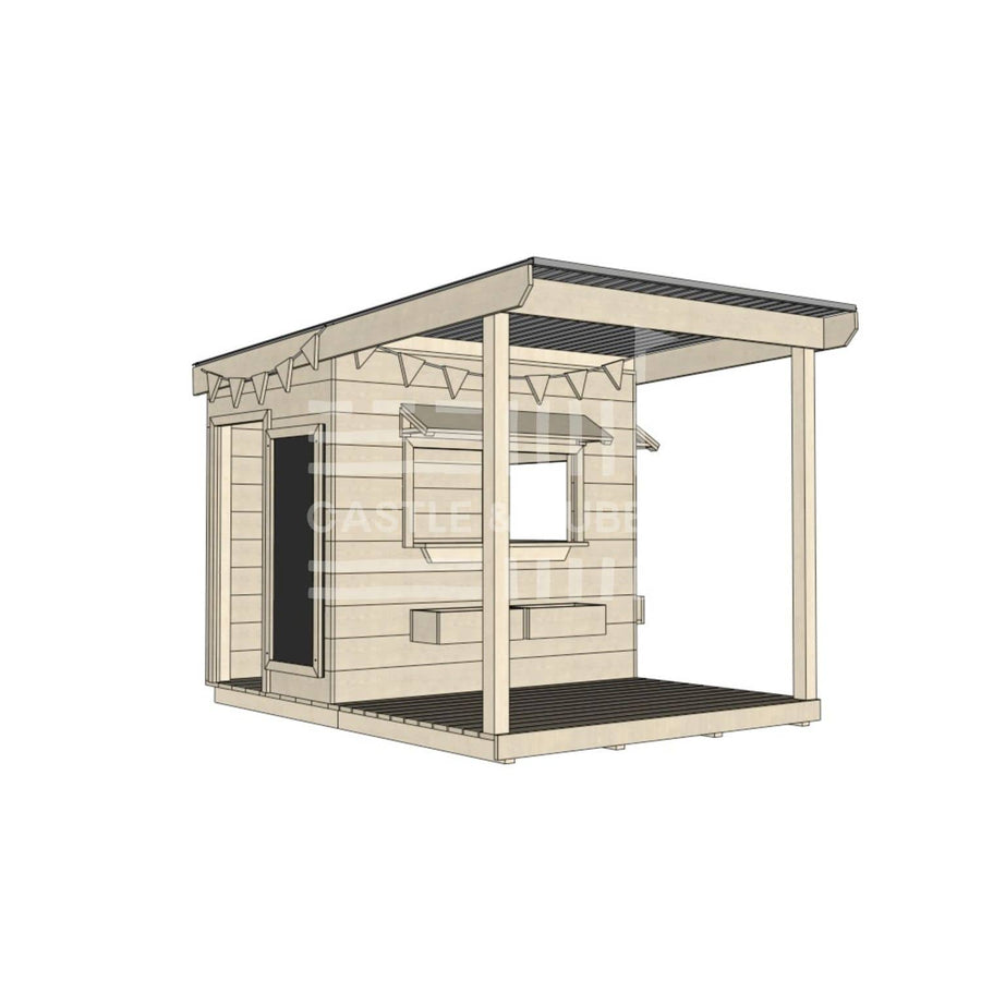 A commercial grade wooden little rectangle cubby house with front verandah and accessories