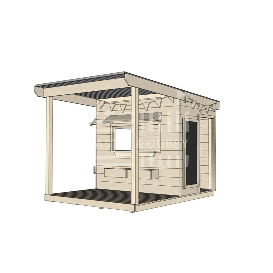 A commercial grade pine little rectangle cubby house with front verandah and accessories package
