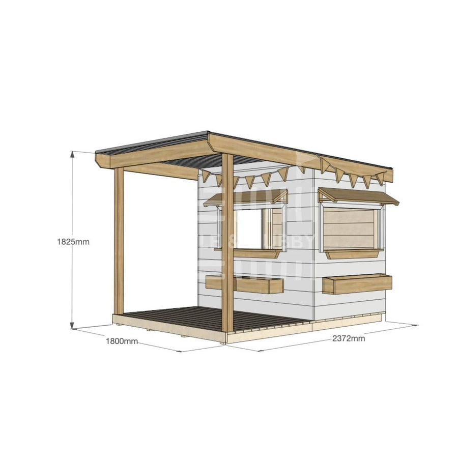 A commercial grade painted pine little rectangle cubby house with front verandah, accessories and dimensions