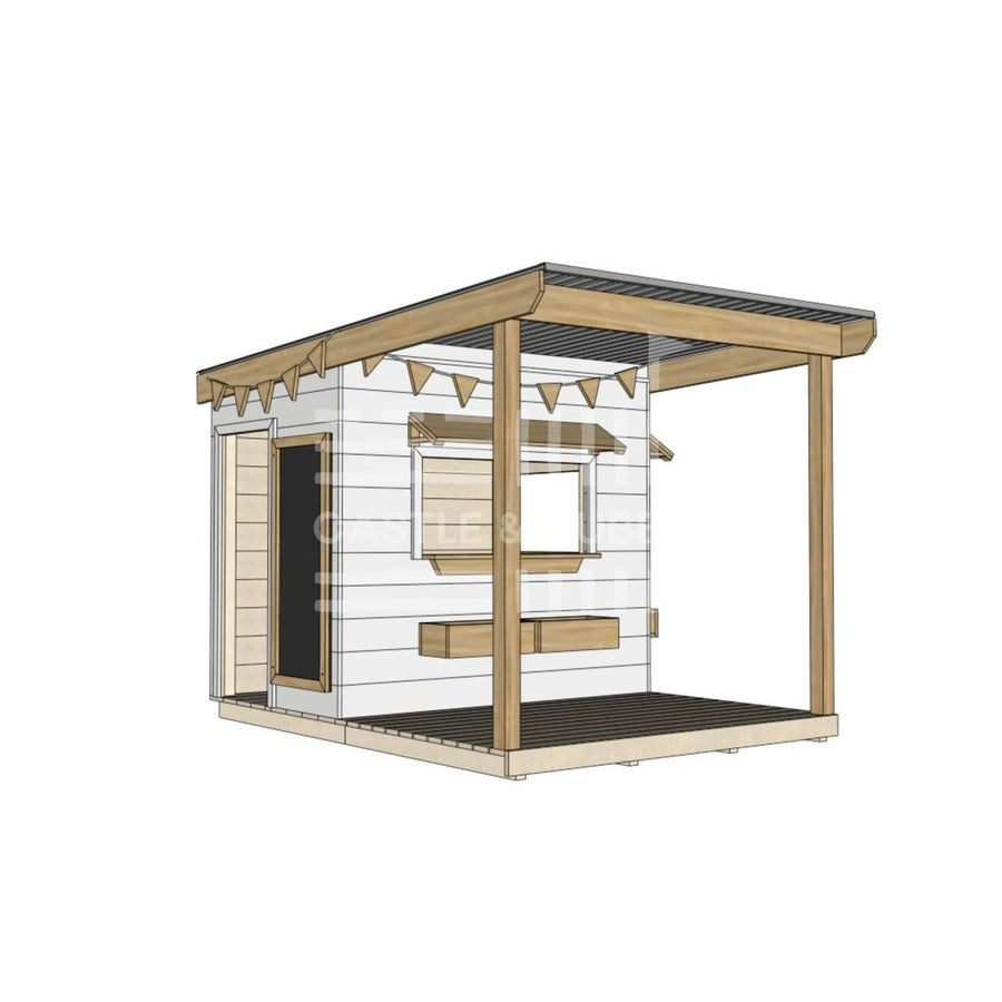 A commercial grade painted wooden little rectangle cubby house with front verandah and accessories