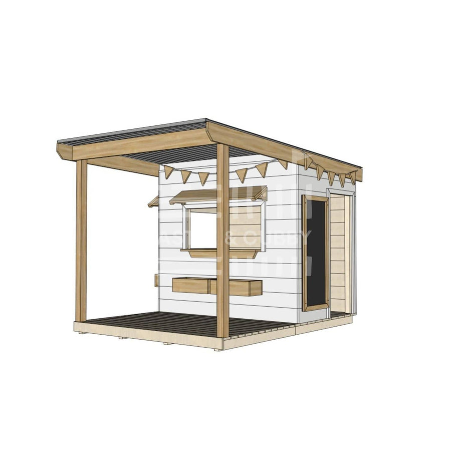 A commercial grade painted pine little rectangle cubby house with front verandah and accessories package