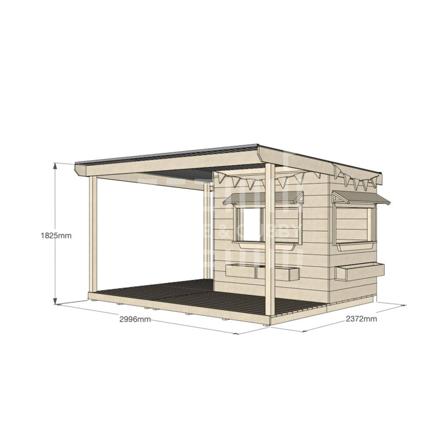 Commercial grade little rectangle pine timber cubby house with wraparound verandah, accessories and dimensions