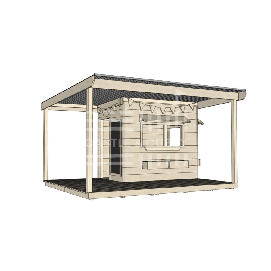 Commercial grade little rectangle wooden cubby house with wraparound verandah and accessories