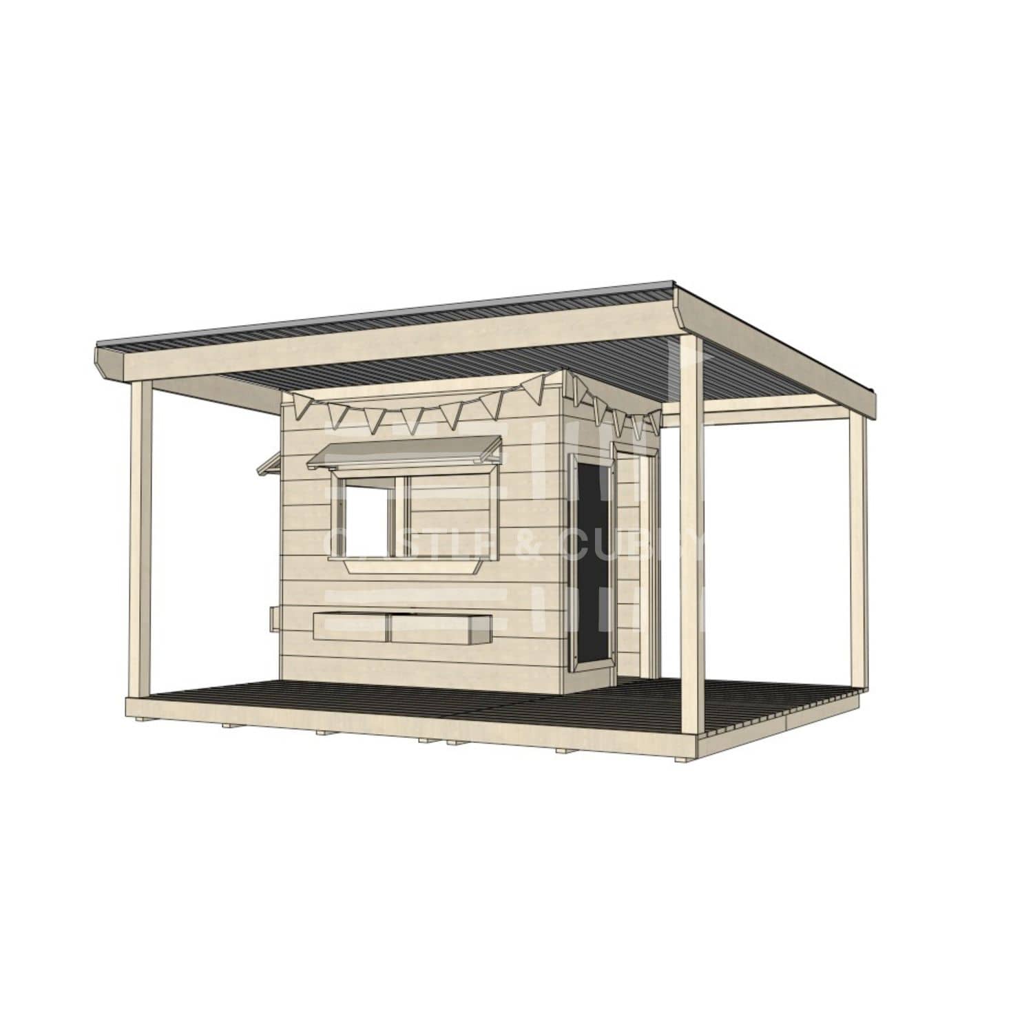 Commercial grade little rectangle timber cubby house with wraparound verandah and accessories