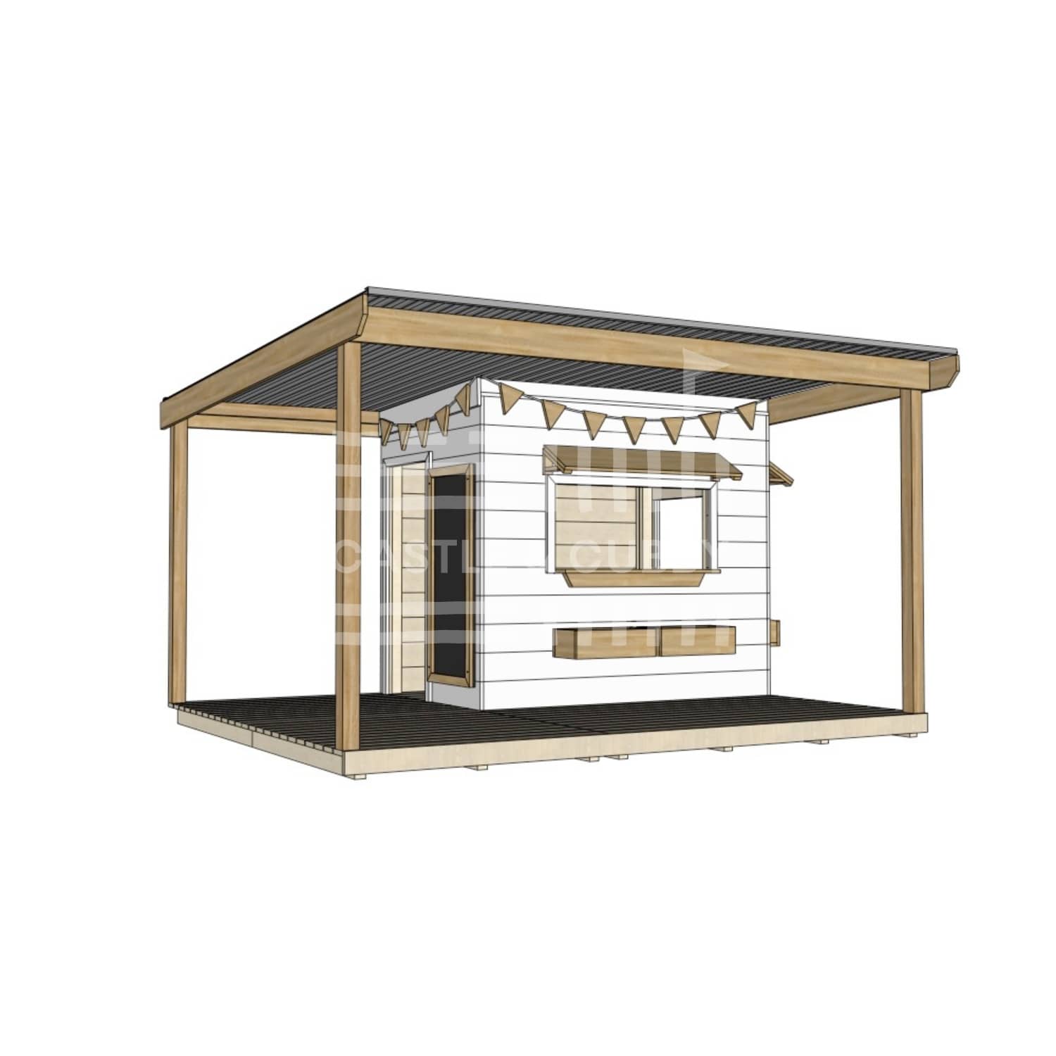 Commercial grade painted little rectangle wooden cubby house with wraparound verandah and accessories