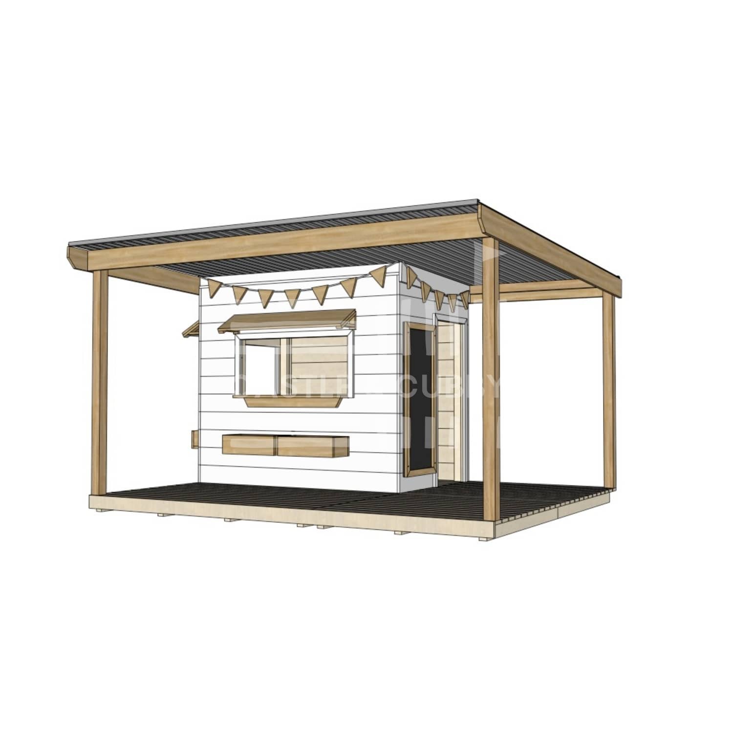 Commercial grade painted little rectangle timber cubby house with wraparound verandah and accessories