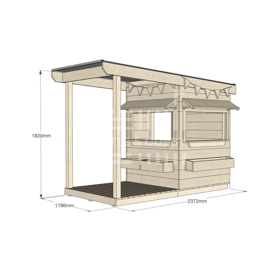A commercial grade pine little square cubby house with front verandah, accessories and dimensions