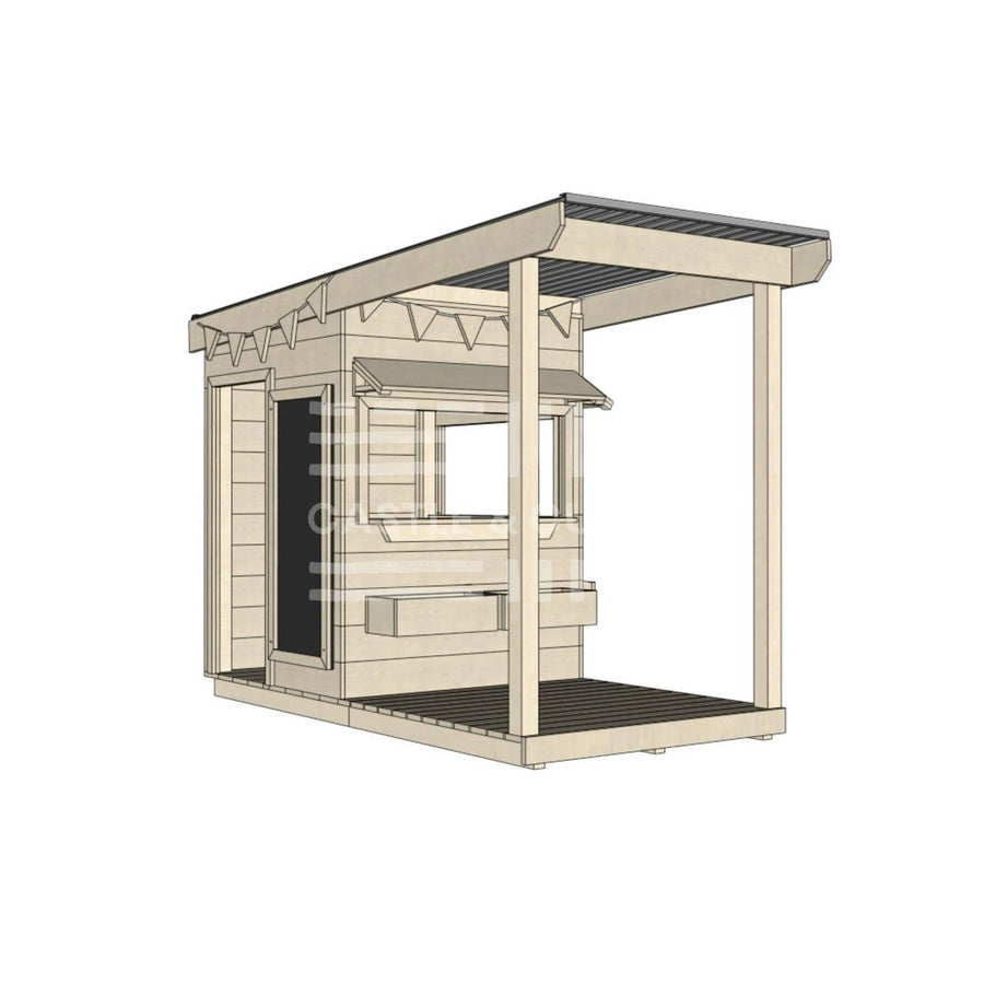 A commercial grade wooden little square cubby house with front verandah and accessories