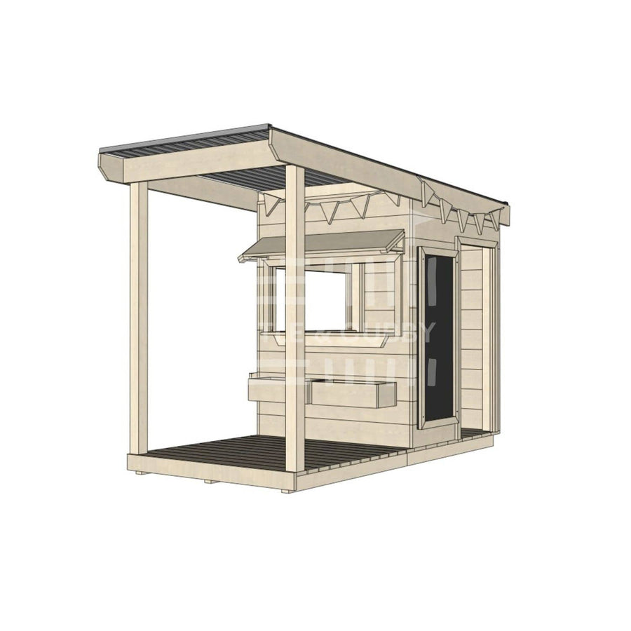 A commercial grade pine little square cubby house with front verandah and accessories package