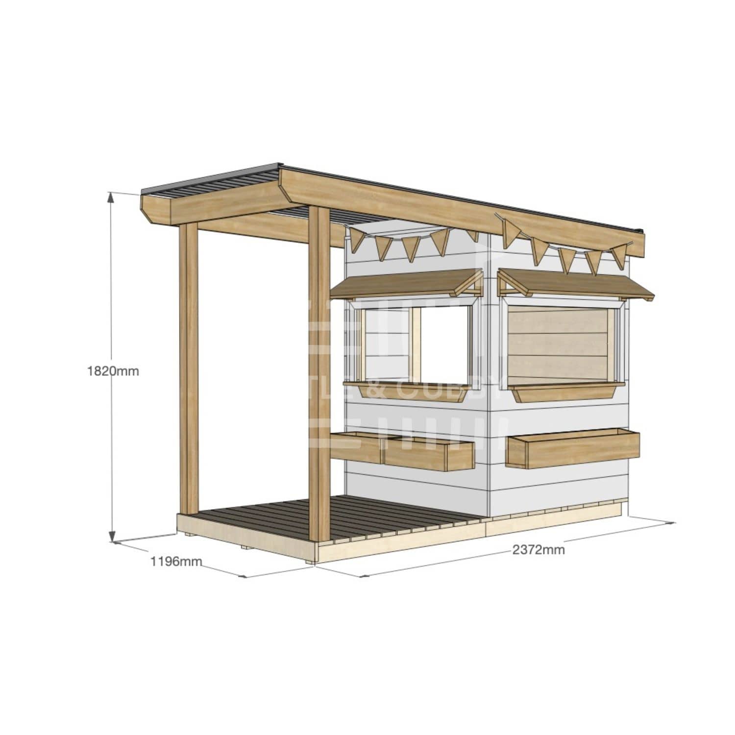 A commercial grade painted pine little square cubby house with front verandah, accessories and dimensions