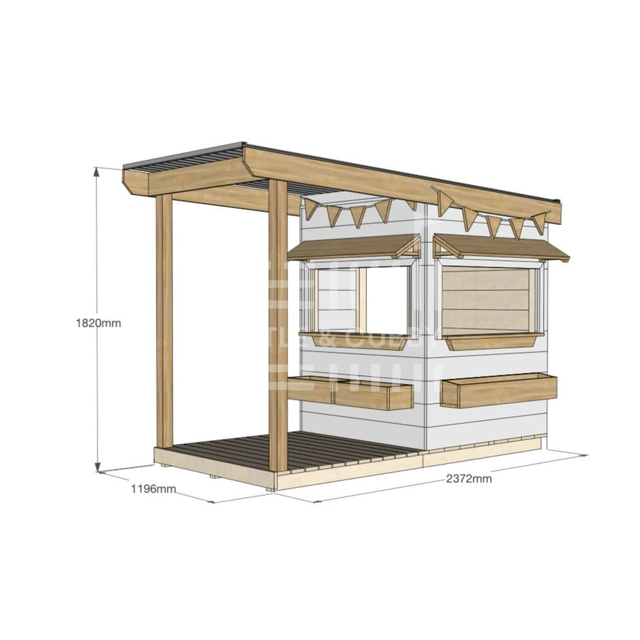 A commercial grade painted pine little square cubby house with front verandah, accessories and dimensions