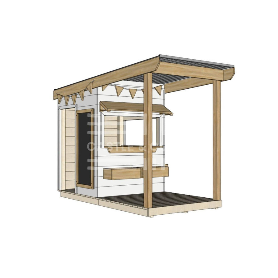 A commercial grade painted wooden little square cubby house with front verandah and accessories